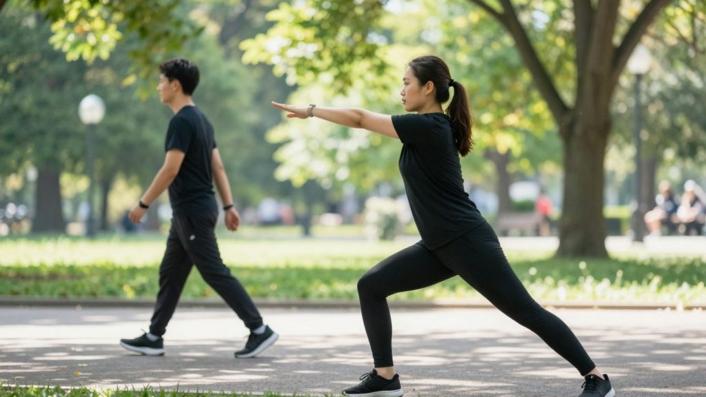 Persoană întinsă în parc, mers alert pe alee.