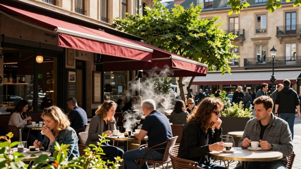 Oameni savurând cafea la terasele orașelor europene.