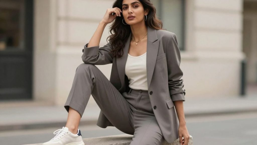 Femeie în ținut casual elegant, inspirat din modă.