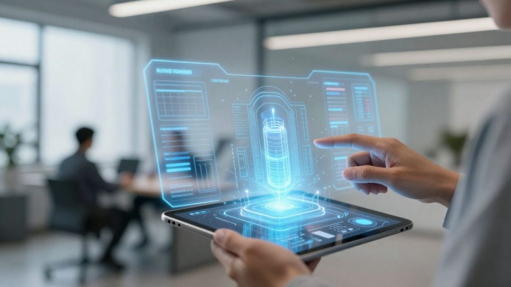 Profesionist interacționând cu realitatea augmentată în birou.