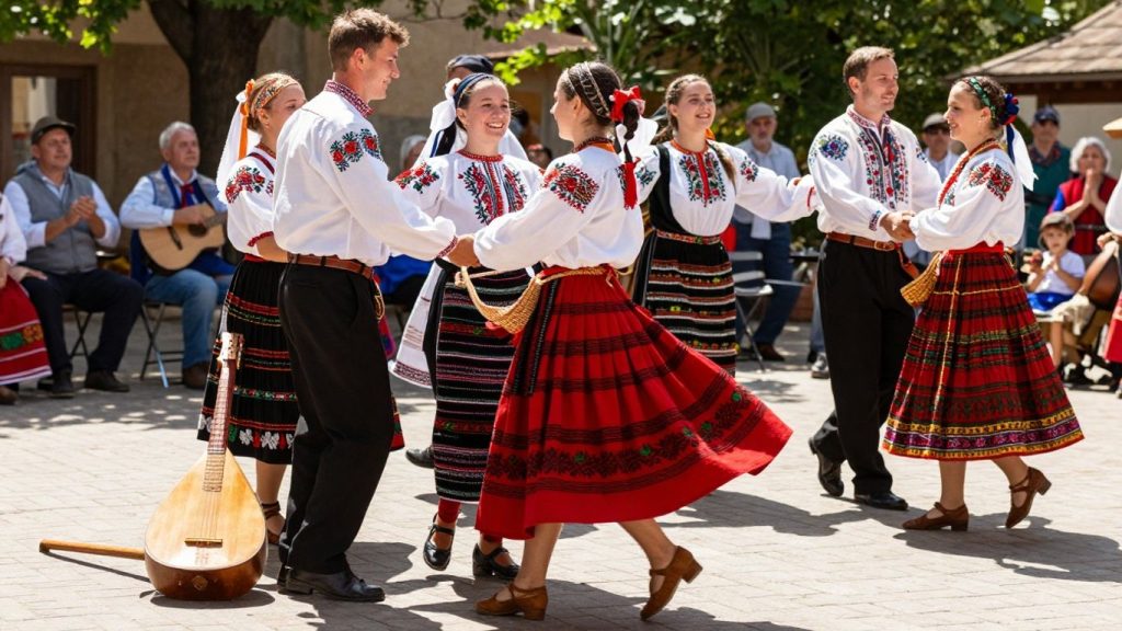 Dansatori români în costume tradiționale colorate, dansând veseli.