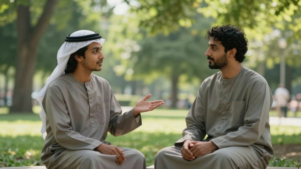 Oameni echilibrați discutând pașnic într-un parc însorit.