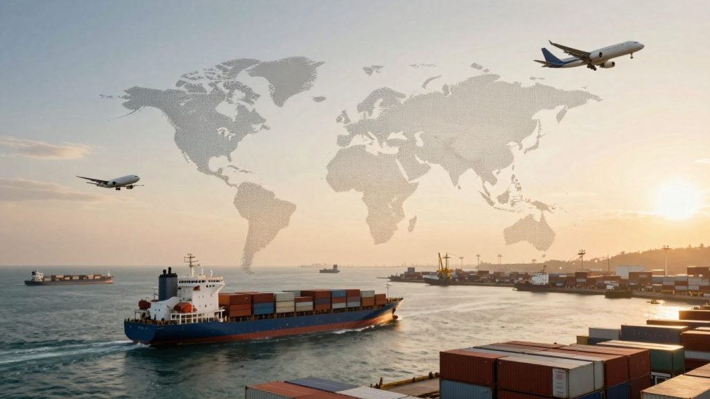 Creștere a exporturilor globale, nave, avioane, porturi.