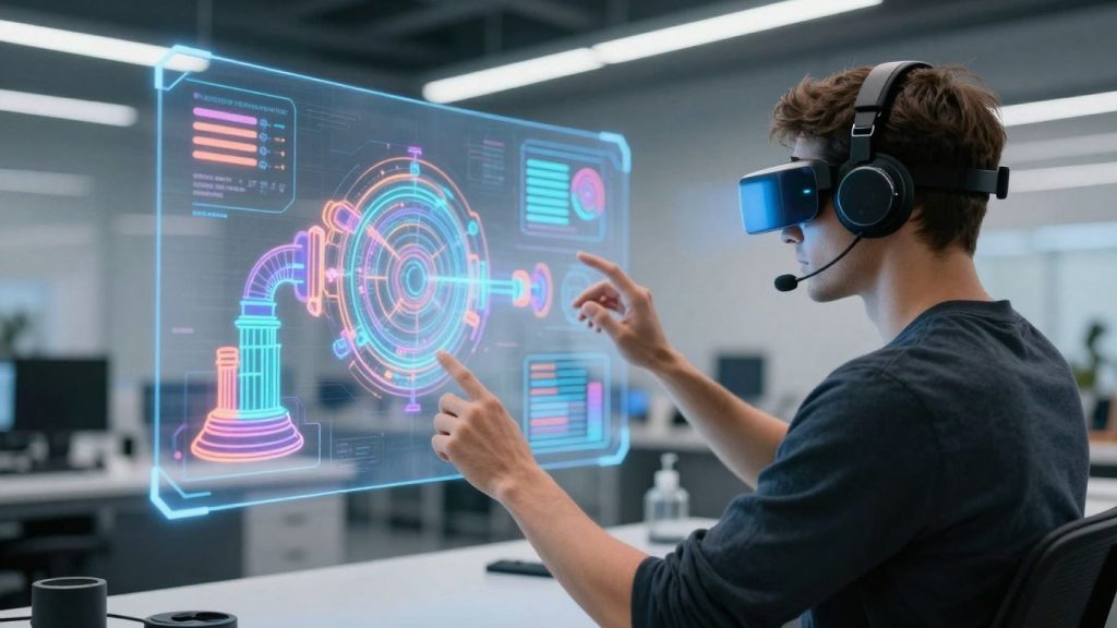 Persoană interacționând cu proiecții holografice în realitate mixtă.