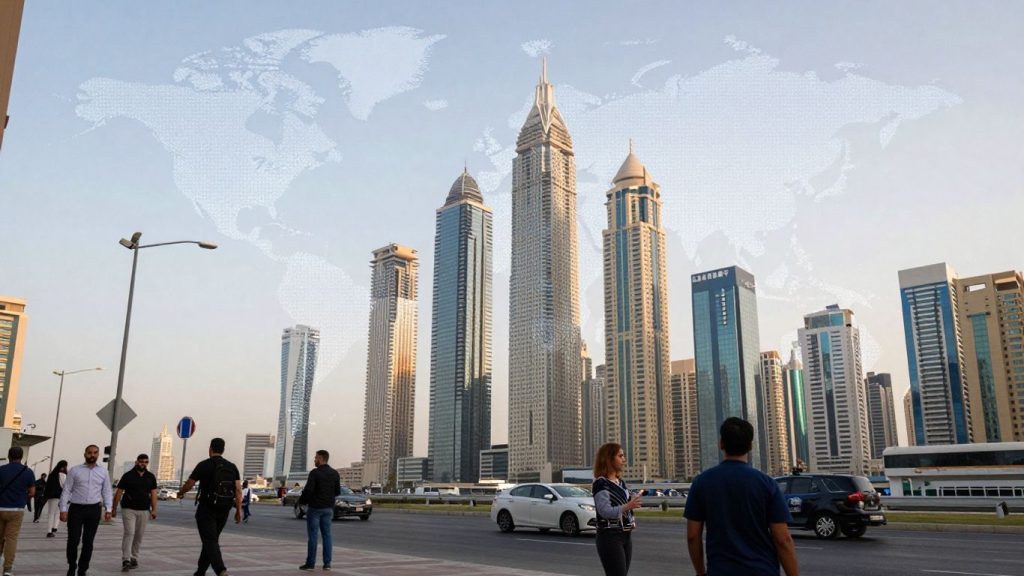 Orașe globale și oameni interacționând în economie.