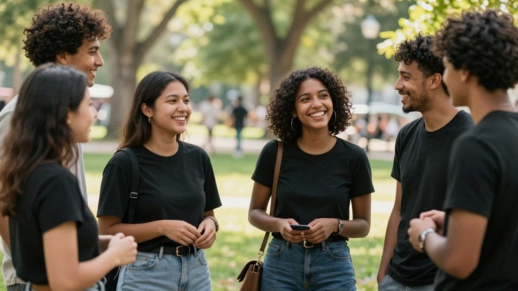 Oameni zâmbind și interacționând într-un parc însorit.