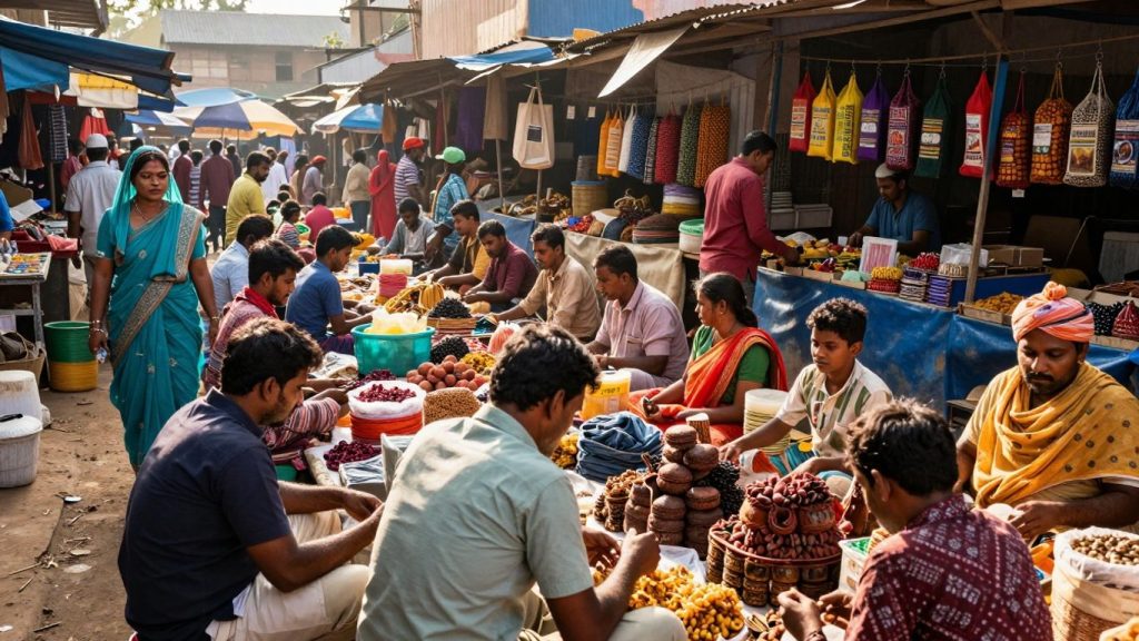 Oameni și produse într-o piață aglomerată, piețe emergente.