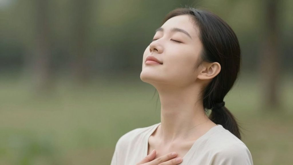Femeie inspirând profund într-un peisaj natural liniștit.