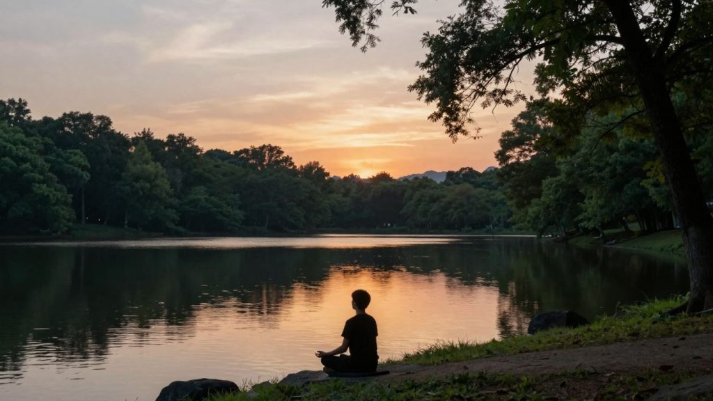 Persoană meditând lângă un lac la apus.