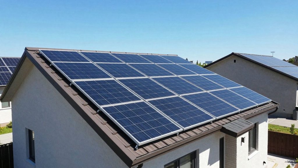 Panouri solare pe acoperișuri rezidențiale sub soare.