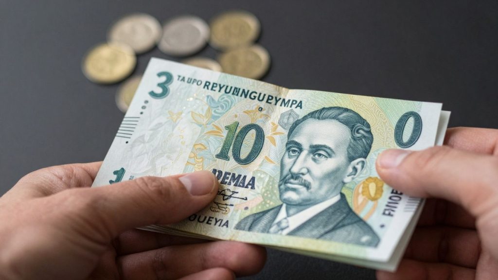 Mână cu bani românești și monede străine.