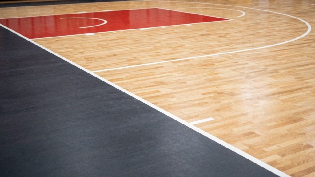 Suprafața terenului de baschet cu linii clare și textură vizibilă.