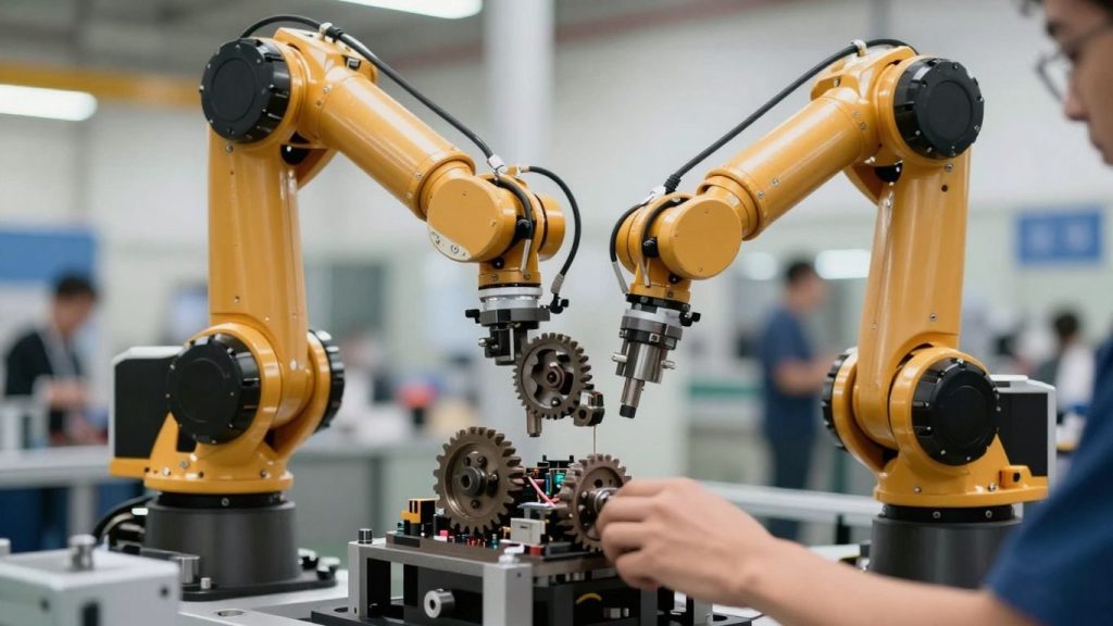 Robotic arm and human hands working together.