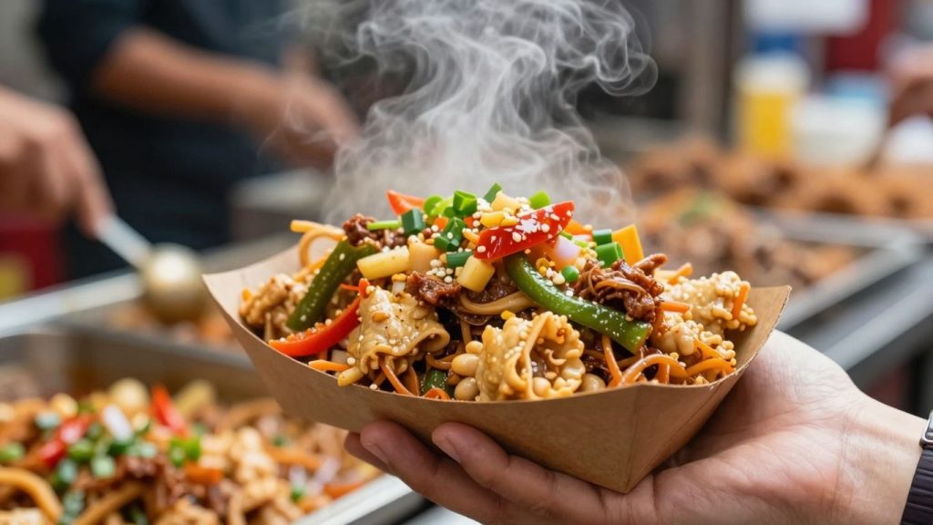 Mâncare delicioasă de street food într-o mână.