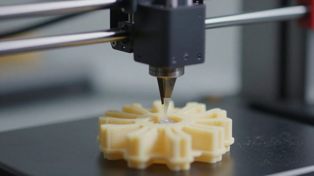 Imprimantă 3D construind un obiect complex strat cu strat.