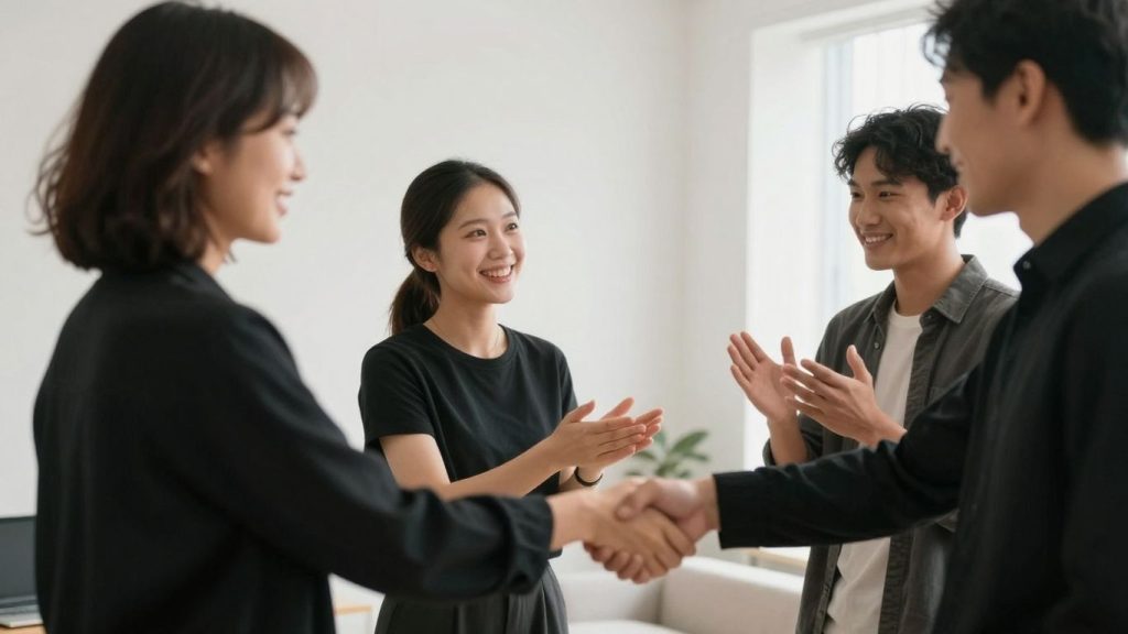 Oameni interacționând politicos într-un cadru modern.