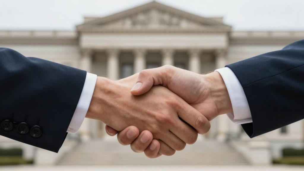 Două mâini strângându-se, clădire guvernamentală pe fundal.