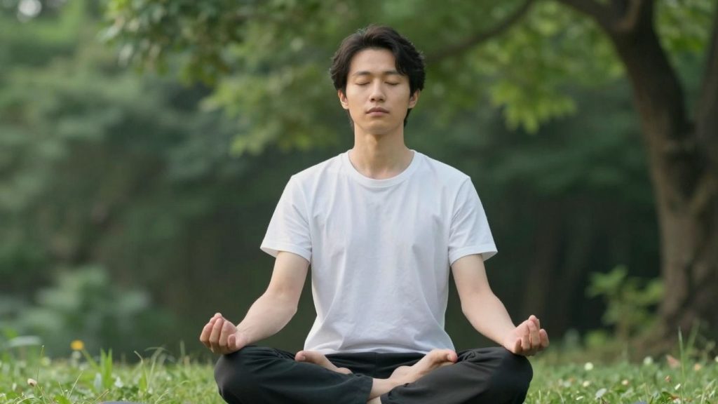 Femeie relaxată meditează în natură, liniște mentală.