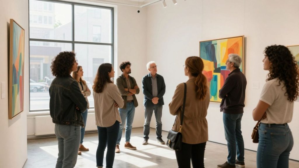 Oameni admirând o pictură într-o galerie de artă.