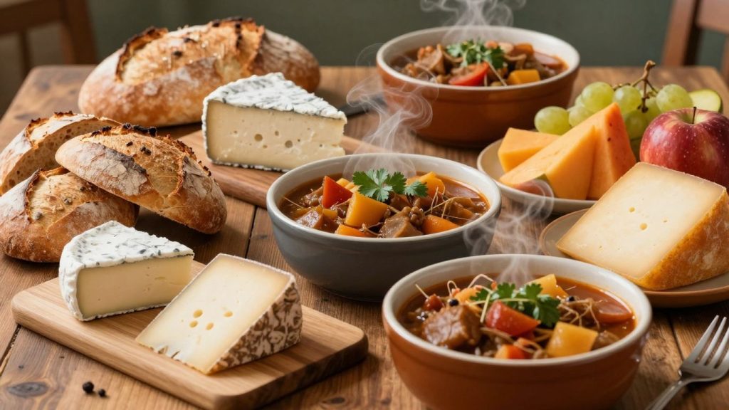 Mâncare delicioasă pe o masă rustică, pregătită pentru slow travel.