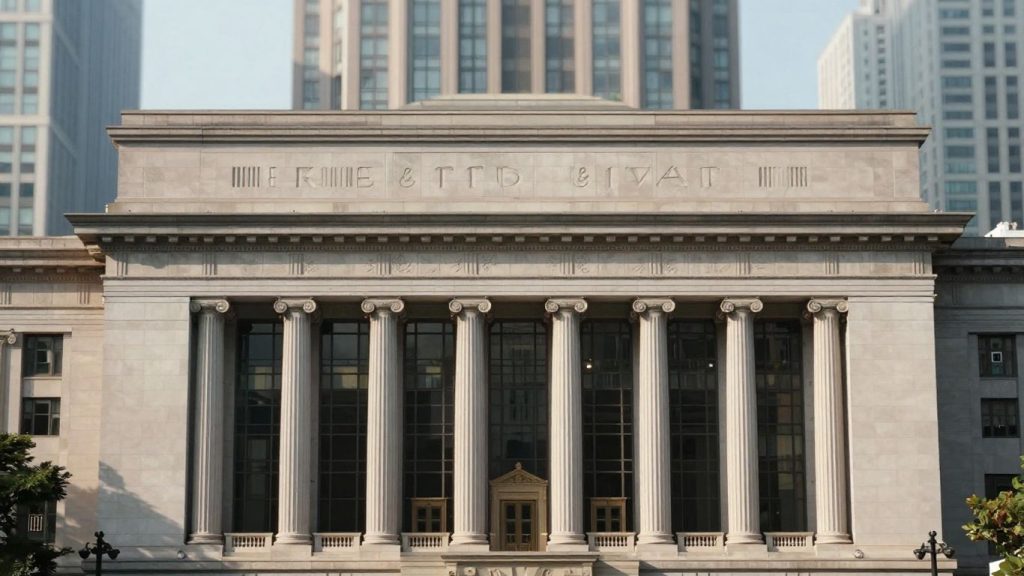 Clădire băncii centrale cu orașul în fundal.