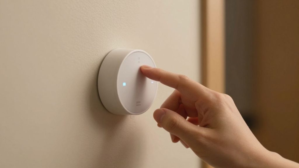 Mâna ajustează termostatul inteligent pentru consum energetic.