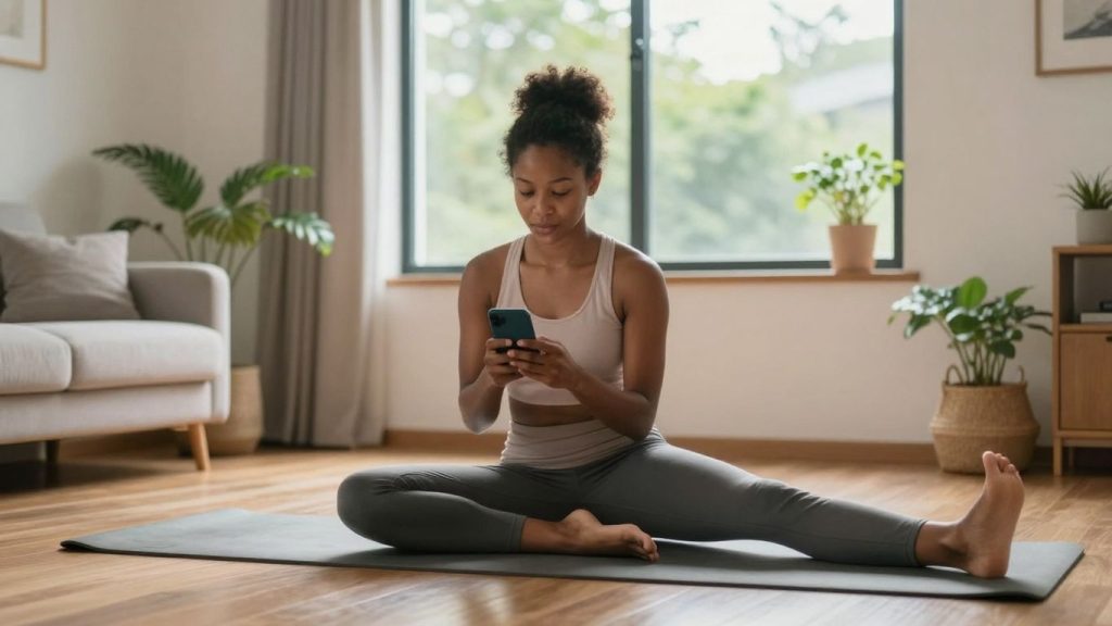 Persoană echilibrând timpul la ecran cu yoga acasă.