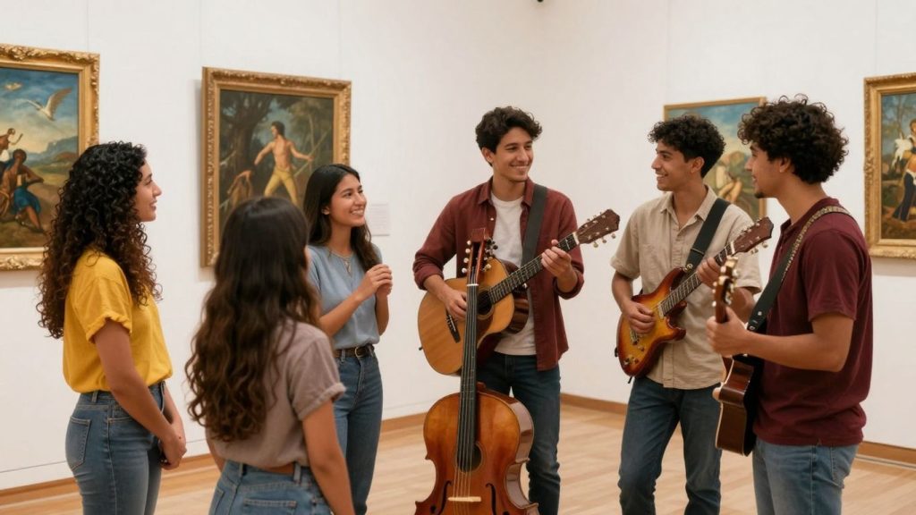 Tineri descoperă artă și muzică într-un muzeu luminos.