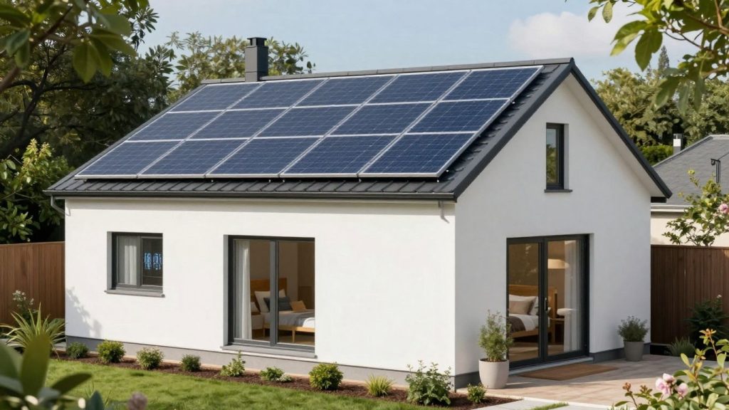 Casă modernă cu panouri solare și ferestre eficiente energetic