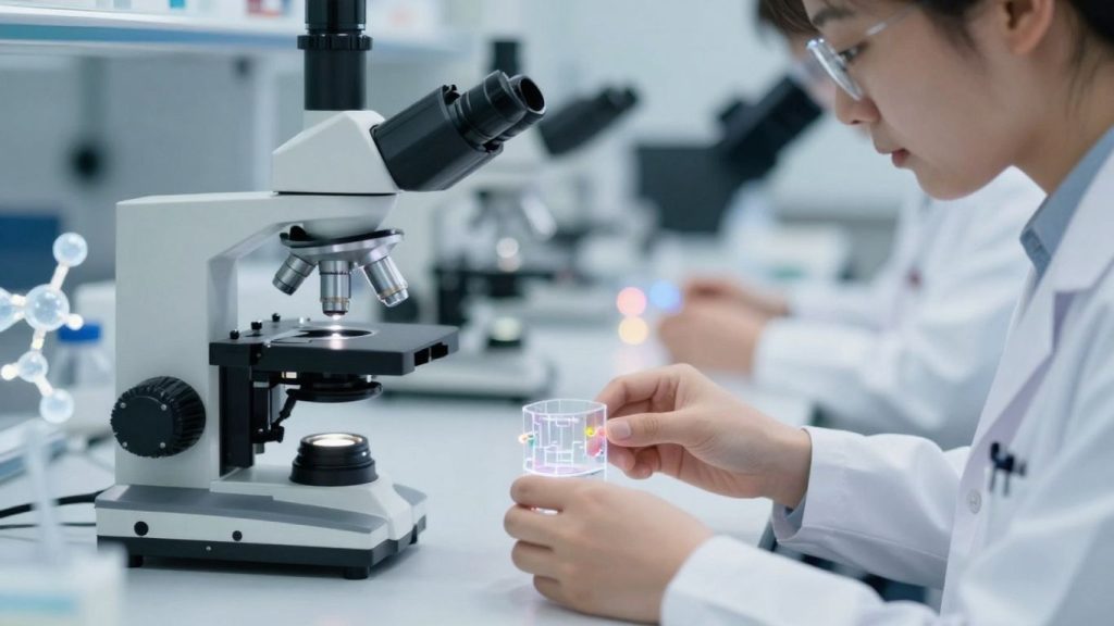 Cercetători lucrează cu nanotehnologie avansată într-un laborator modern.