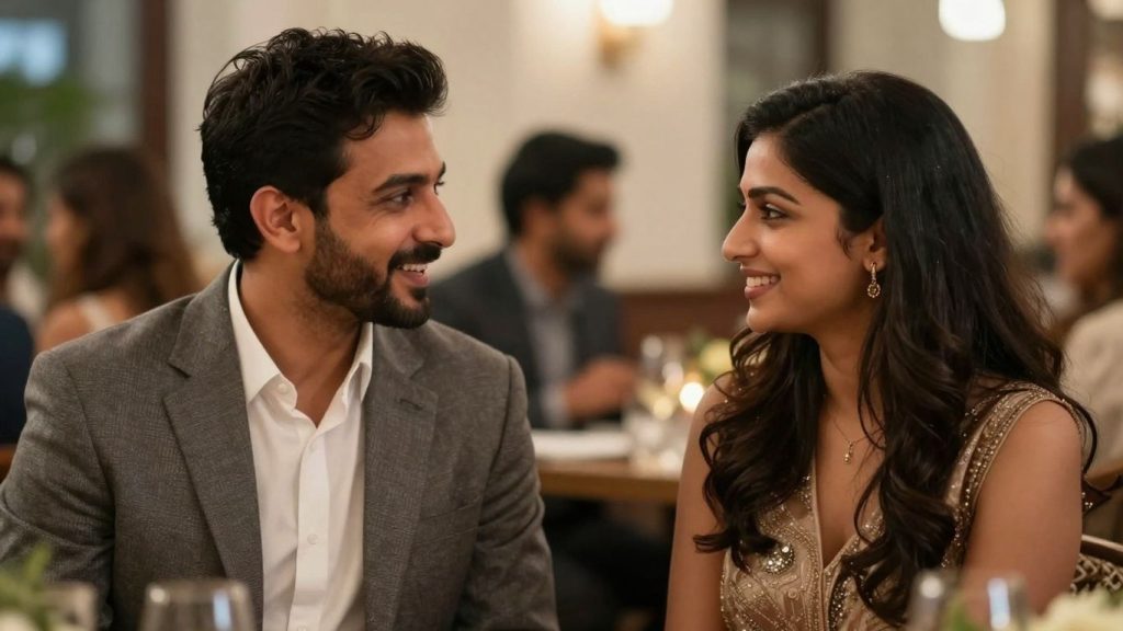 Oameni discutând elegant la un eveniment social.