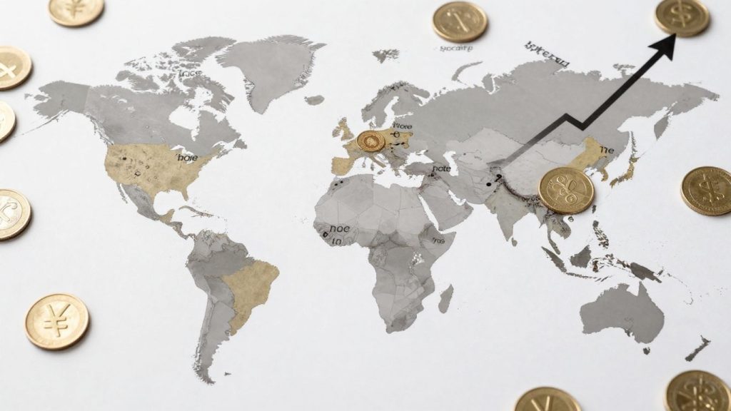 Harta lumii cu prețuri în creștere și monede.