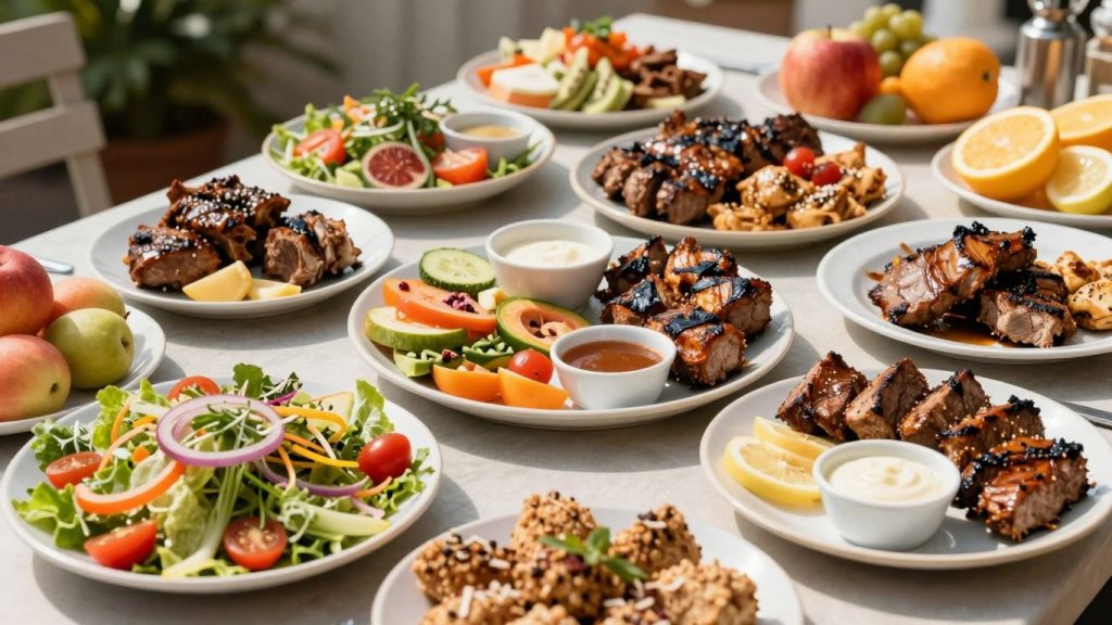 Masa plină cu mâncare gustoasă și ieftină în vacanță.