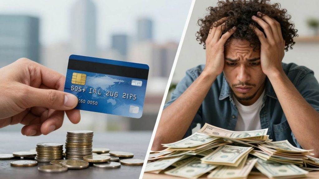 Credit card and money, person worried about bills.