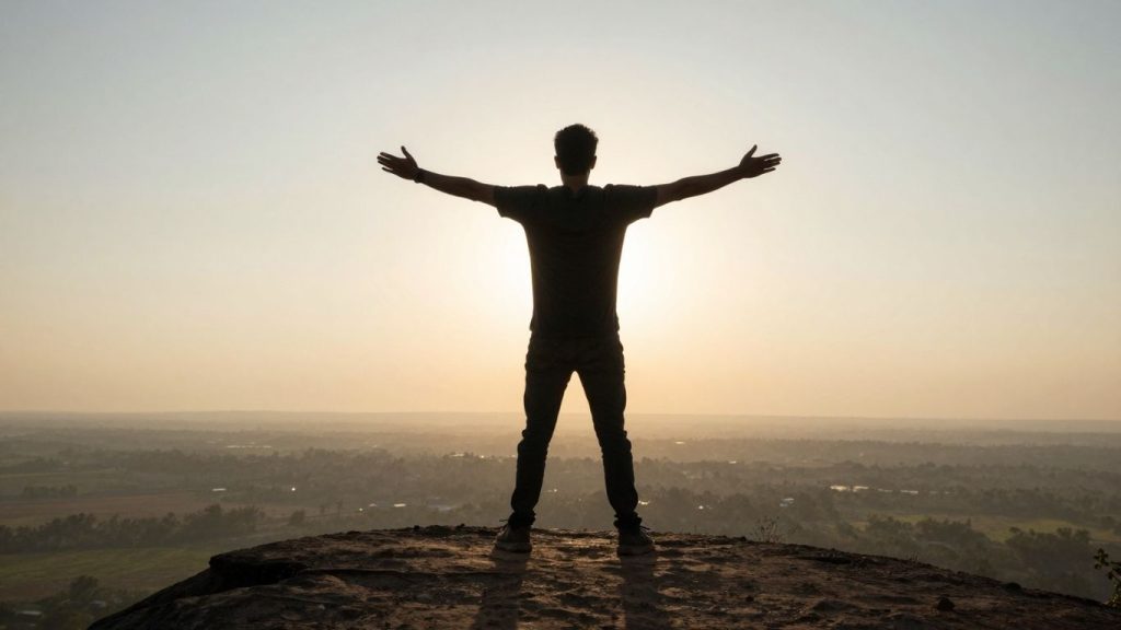 Persoană pe o stâncă, brațele întinse, privind orizontul.