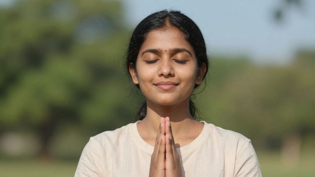 Persoană calmă meditează în natură, emanând liniște interioară.