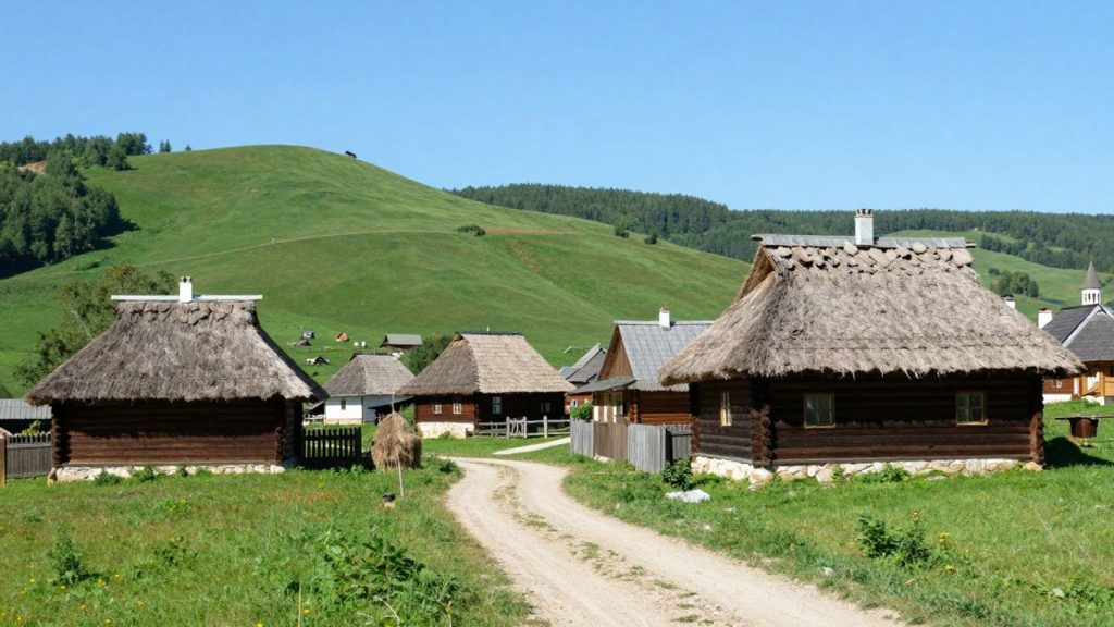 Case tradiționale românești în peisaj rural pitoresc.