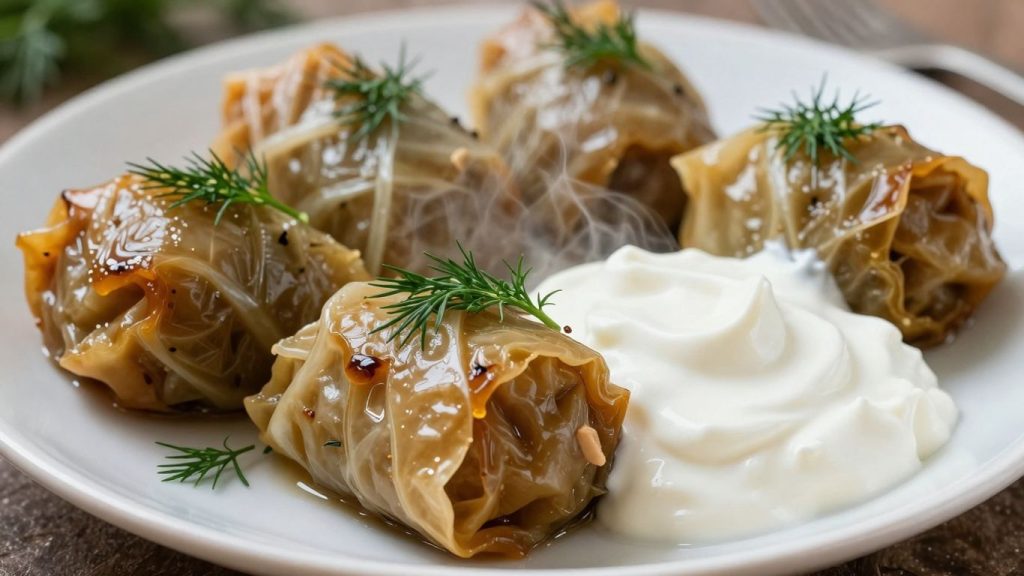 Farfurie cu sarmale tradiționale românești, garnitură proaspătă.