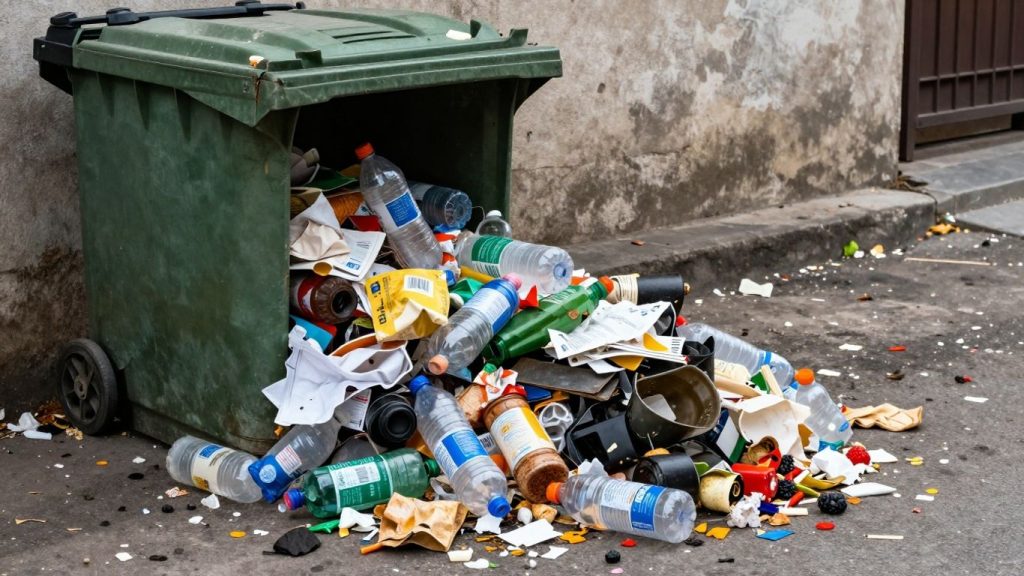 Deșeuri amestecate lângă un coș de reciclare deteriorat.