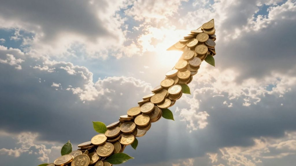 Săgeată ascendentă din monede aurii și frunze verzi.