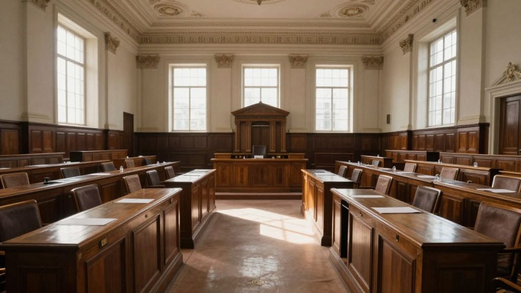 Interiorul unei săli de parlament cu scaune și birouri.