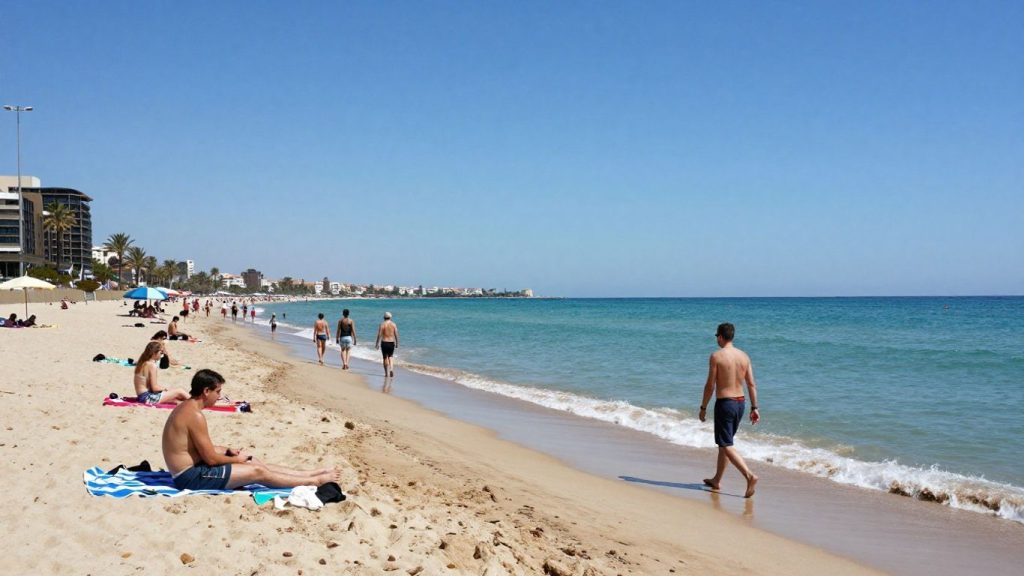 Oameni bucurându-se de soare pe o plajă însorită.