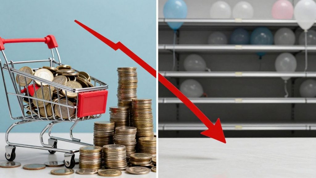 Inflație versus deflație: coșuri pline vs. rafturi goale.