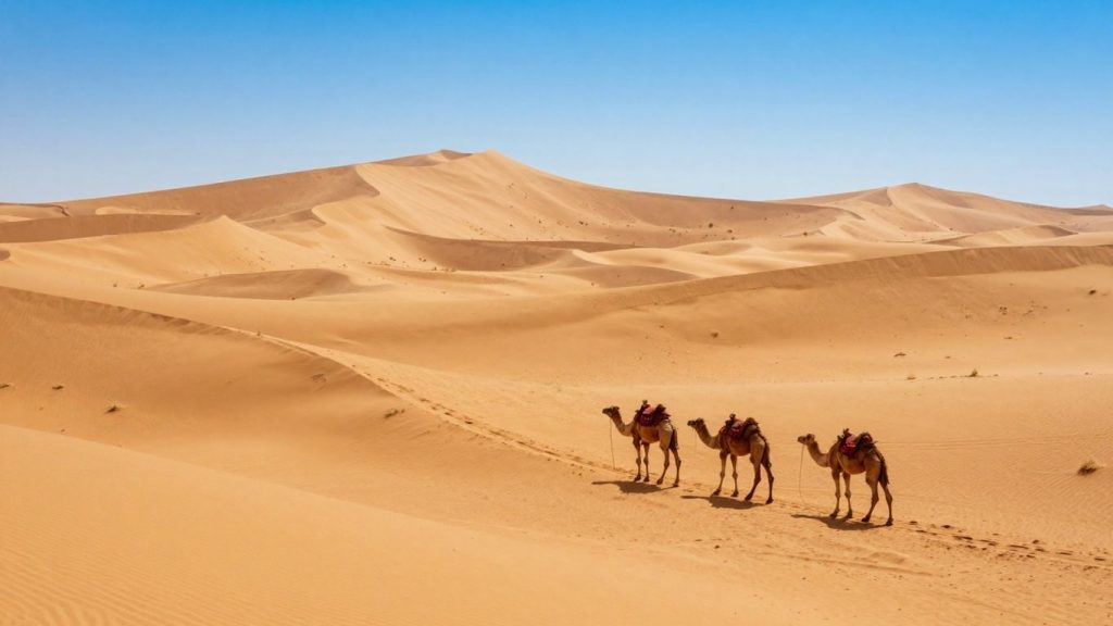 Caravan de cămile traversând dunele de nisip aurii.