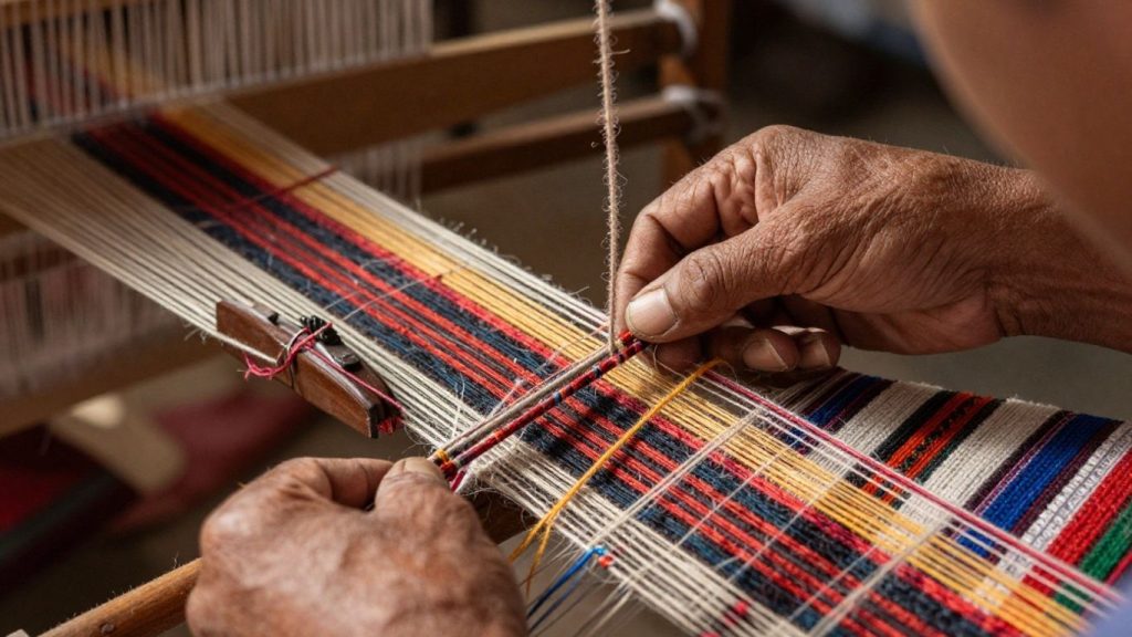 Mâini țesând un model complex pe un război de țesut.