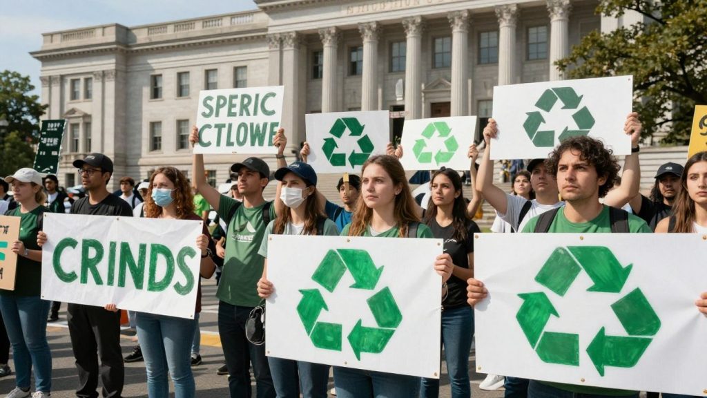 Oameni protestând pentru protecția mediului în fața unei clădiri guvernamentale.