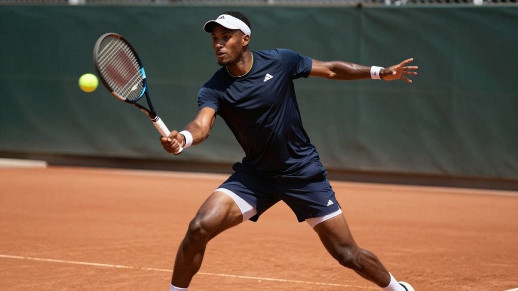 Jucător de tenis executând o lovitură puternică de forehand pe zgură.