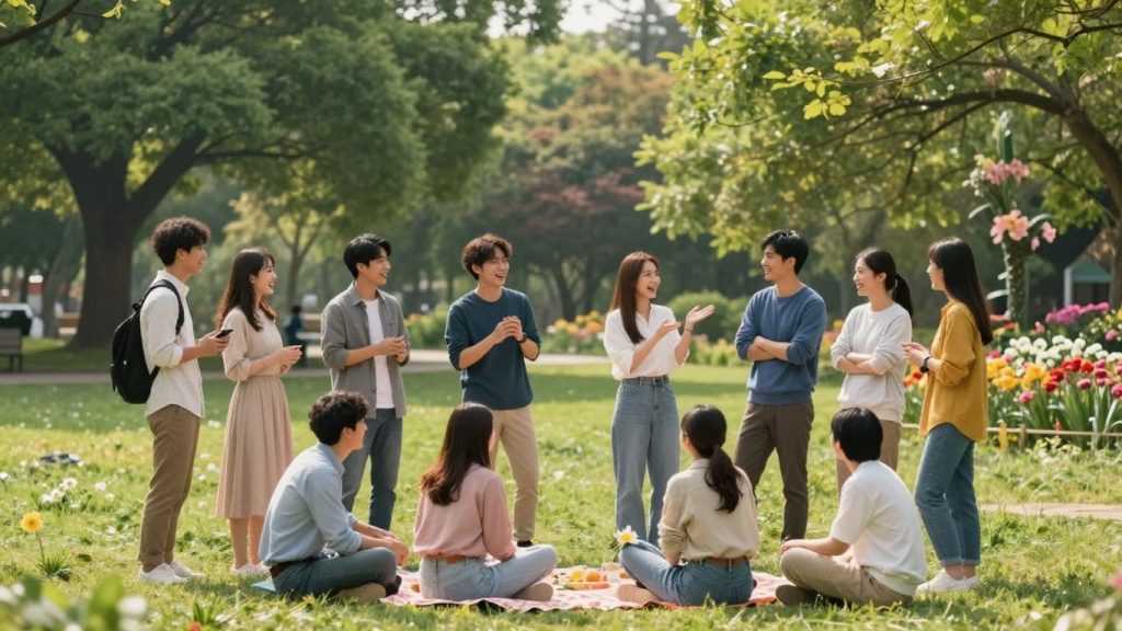 Oameni zâmbind și interacționând într-un parc însorit.