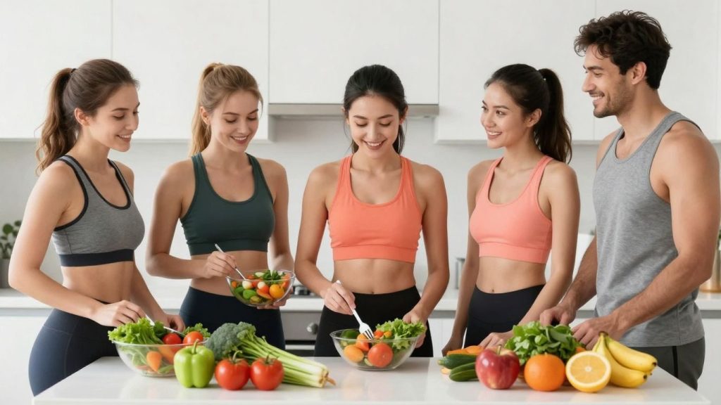 Celebrități pregătesc salate sănătoase într-o bucătărie modernă.