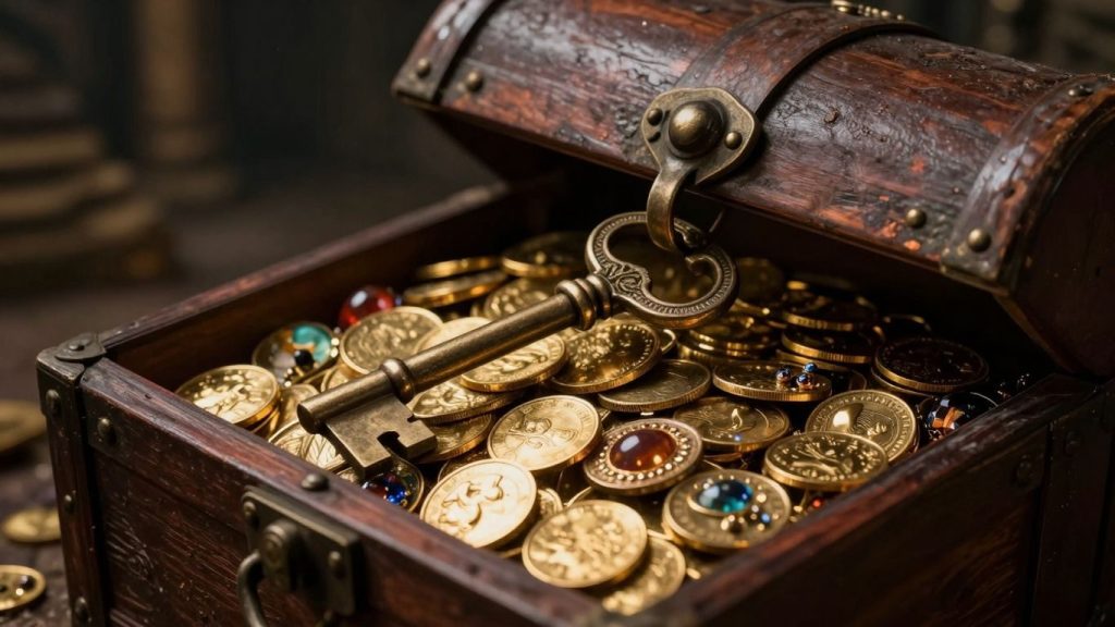 Cheie antică deschizând o ladă plină cu aur.